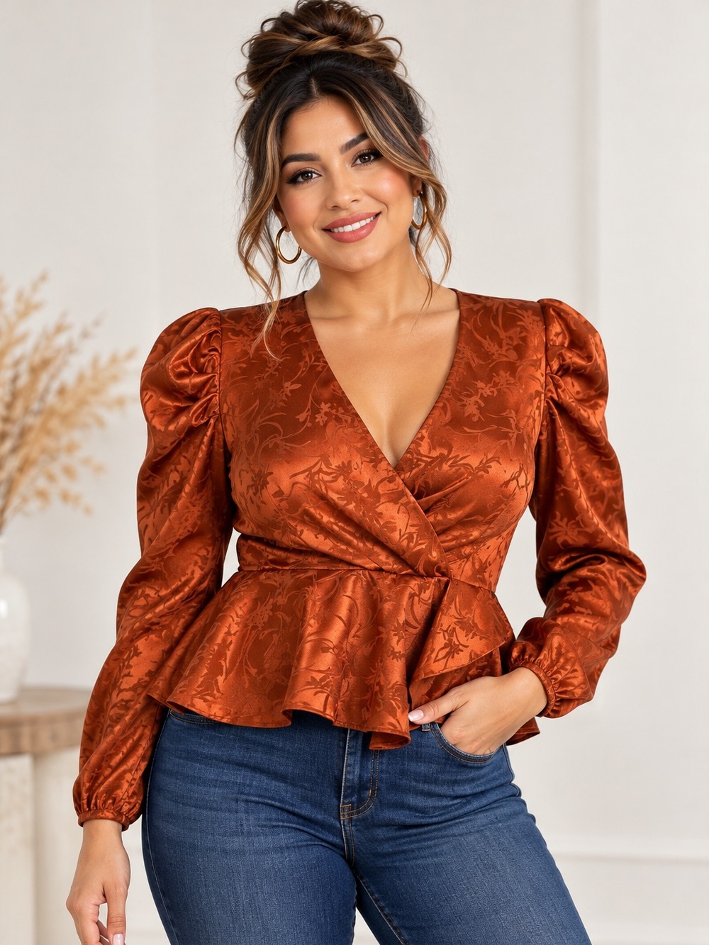 Lulus Top Size M Rust Satin Jacquard Puff Sleeve Peplum NWT